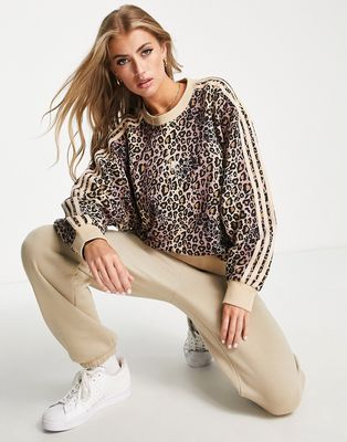 adidas Originals three stripe leopard print sweatshirt in beige and black-Neutral