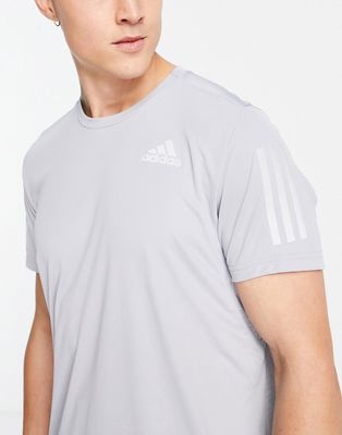 adidas Running Own The Run 3 stripe sleeve t-shirt in gray