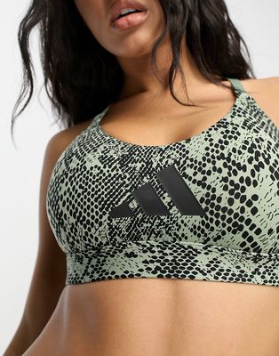 adidas Training reptile print low support sports bra in green