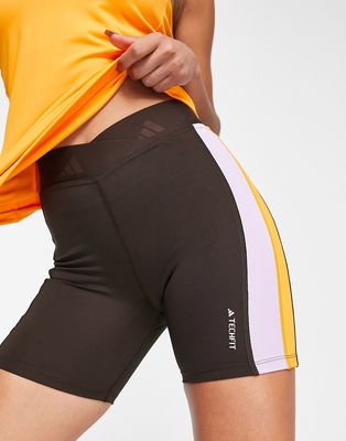 adidas Training Techfit color block high rise legging shorts in brown, orange and purple