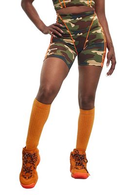 adidas x IVY PARK x Ivy Park Camo Print Bike Shorts in Camo /Solar Orange