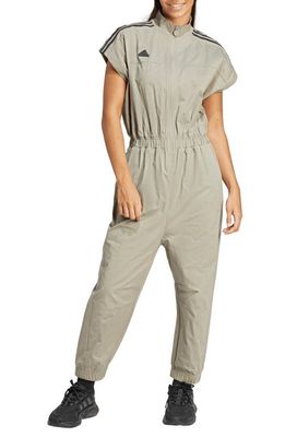 adidas Zip-Up Cotton Twill Jumpsuit in Silver Pebble