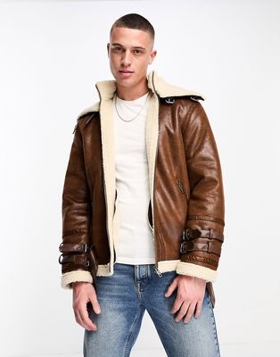 ADPT faux shearling aviator jacket with buckle detail in tan-Brown