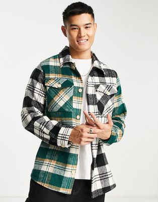 ADPT oversized heavy brushed check overshirt in green & black-Navy