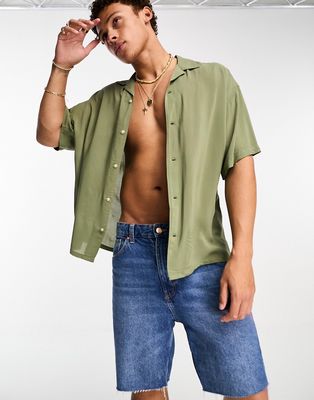 ADPT oversized revere collar short sleeve shirt in khaki-Green
