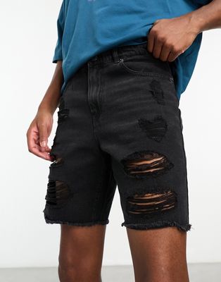 ADPT wide fit distressed denim shorts in black