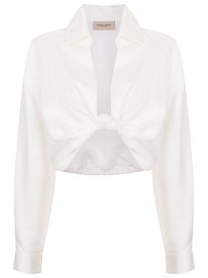 Adriana Degreas cropped knotted linen-blend shirt - White