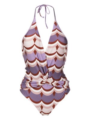 Adriana Degreas Ondas Vintage-print halterneck swimsuit - Purple