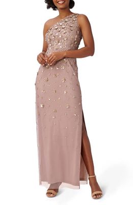 Adrianna Papell 3D Beaded & Sequin One-Shoulder Gown in Stone