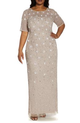 Adrianna Papell 3D Floral Beaded Evening Gown in Marble