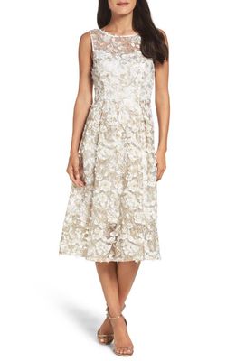 Adrianna Papell 3D Floral Fit & Flare Midi Dress in Ivory/Gold