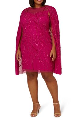 Adrianna Papell Beaded Cape Sleeve Cocktail Dress in Hot Orchid