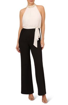 Adrianna Papell Beaded Chiffon Wide Leg Jumpsuit in Ivory/Black