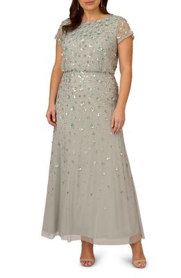 Adrianna Papell Beaded Floral Short Sleeve Mesh Gown in Frosted Sage