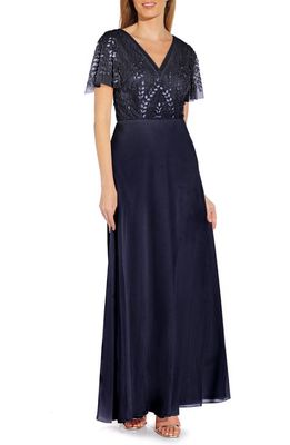 Adrianna Papell Beaded Mesh Bodice Chiffon Gown in Midnight