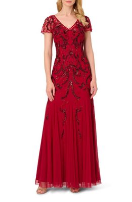 Adrianna Papell Beaded Mesh Gown in Cranberry