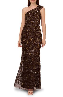 Adrianna Papell Beaded One-Shoulder Gown in Chocolate