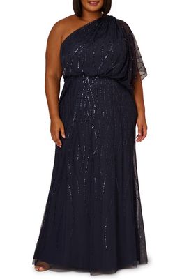 Adrianna Papell Beaded One-Shoulder Gown in Dusty Navy