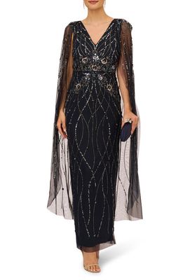 Adrianna Papell Beaded Sequin Long Sleeve Cape Overlay Column Gown in Midnight