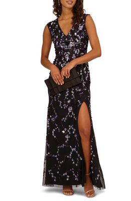 Adrianna Papell Beaded Sleeveless V-Neck Gown in Black/Purple