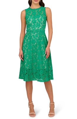 Adrianna Papell Belted Sleeveless Lace Midi Dress in Botanic Green