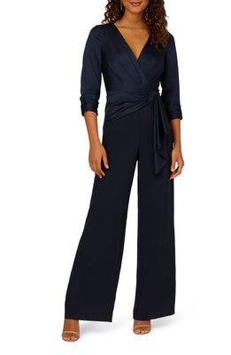 Adrianna Papell Belted Wide Leg Satin Crepe Jumpsuit in Dark Navy