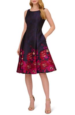 Adrianna Papell Border Jacquard Pleated Sleeveless Fit & Flare Dress in Navy/Pink Multi