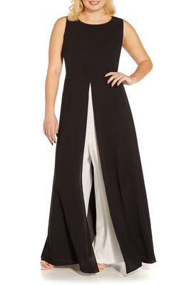 Adrianna Papell Crepe Overlay Wide Leg Maxi Jumpsuit in Black/Ivory