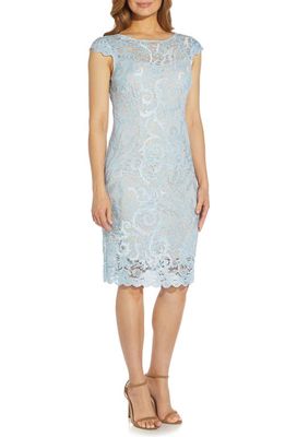 Adrianna Papell Embroidered Lace Sheath Cocktail Dress in Elegant Sky/Nude