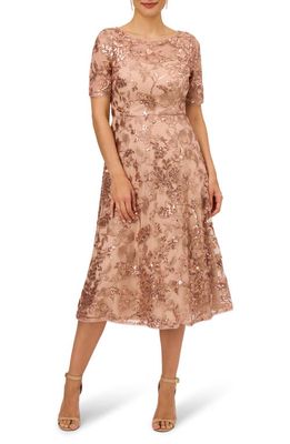 Adrianna Papell Embroidered Sequin Midi Fit & Flare Dress in Almondine