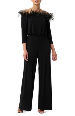 Adrianna Papell Feather Trim Long Sleeve Jersey Jumpsuit in Black