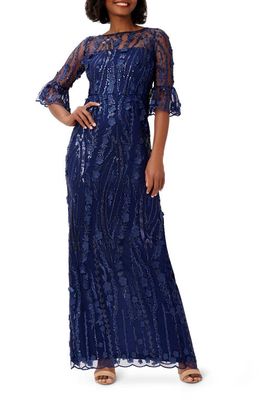 Adrianna Papell Floral Appliqué Beaded Sequin Gown in Light Navy