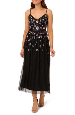 Adrianna Papell Floral Bead A-Line Dress in Black Multi