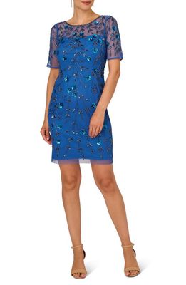 Adrianna Papell Floral Beaded Cocktail Dress in Blue Horizon