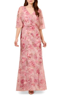 Adrianna Papell Floral Beaded Mesh Gown in Blush Multi