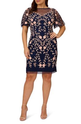 Adrianna Papell Floral Beaded Sheath Dress in Navy/Blush