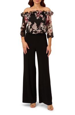 Adrianna Papell Floral Bodice Mixed Media Jumpsuit in Black Multi