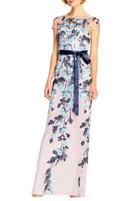 Adrianna Papell Floral Cascading Column Gown in Midnight Multi/Nude