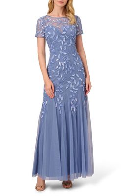 Adrianna Papell Floral Embroidered Beaded Trumpet Gown in French Blue