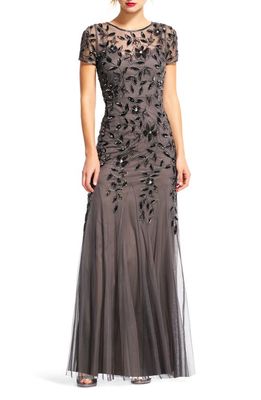 Adrianna Papell Floral Embroidered Beaded Trumpet Gown in Lead