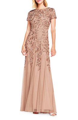 Adrianna Papell Floral Embroidered Beaded Trumpet Gown in Rose Gold
