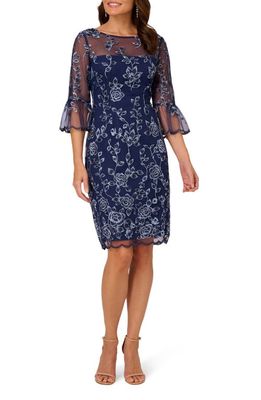 Adrianna Papell Floral Embroidered Bell Sleeve Sheath Dress in Midnight Multi