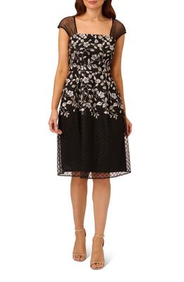 Adrianna Papell Floral Embroidered Border Fit & Flare Dress in Black/Ivory