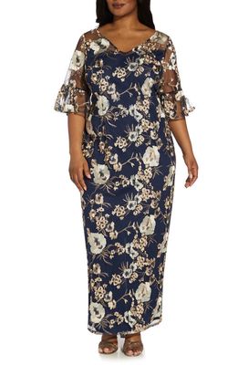 Adrianna Papell Floral Embroidered Column Gown in Navy