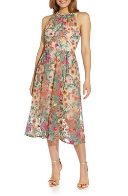 Adrianna Papell Floral Embroidered Fit & Flare Midi Dress in Bright Rose Multi