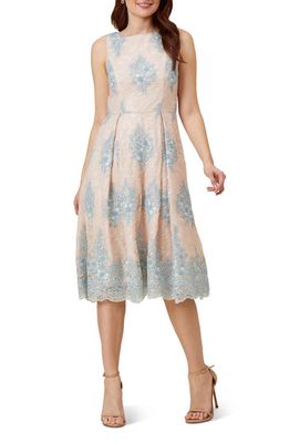 Adrianna Papell Floral Embroidered Midi Fit & Flare Dress in Light Blue/Beige