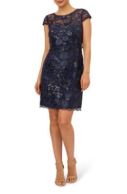 Adrianna Papell Floral Embroidered Sequin Sheath Dress in Navy