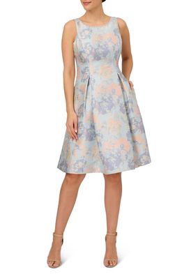Adrianna Papell Floral Jacquard Imitation Pearl Detail Cocktail Dress in Blue Multi