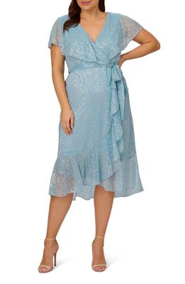 Adrianna Papell Floral Metallic Capelet Faux Wrap Dress in Light Blue
