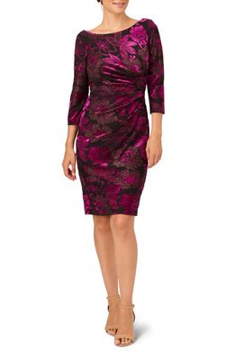 Adrianna Papell Floral Metallic Drape Back Three-Quarter Sleeve Midi Burnout Velvet Sheath Dress in Black/Violet